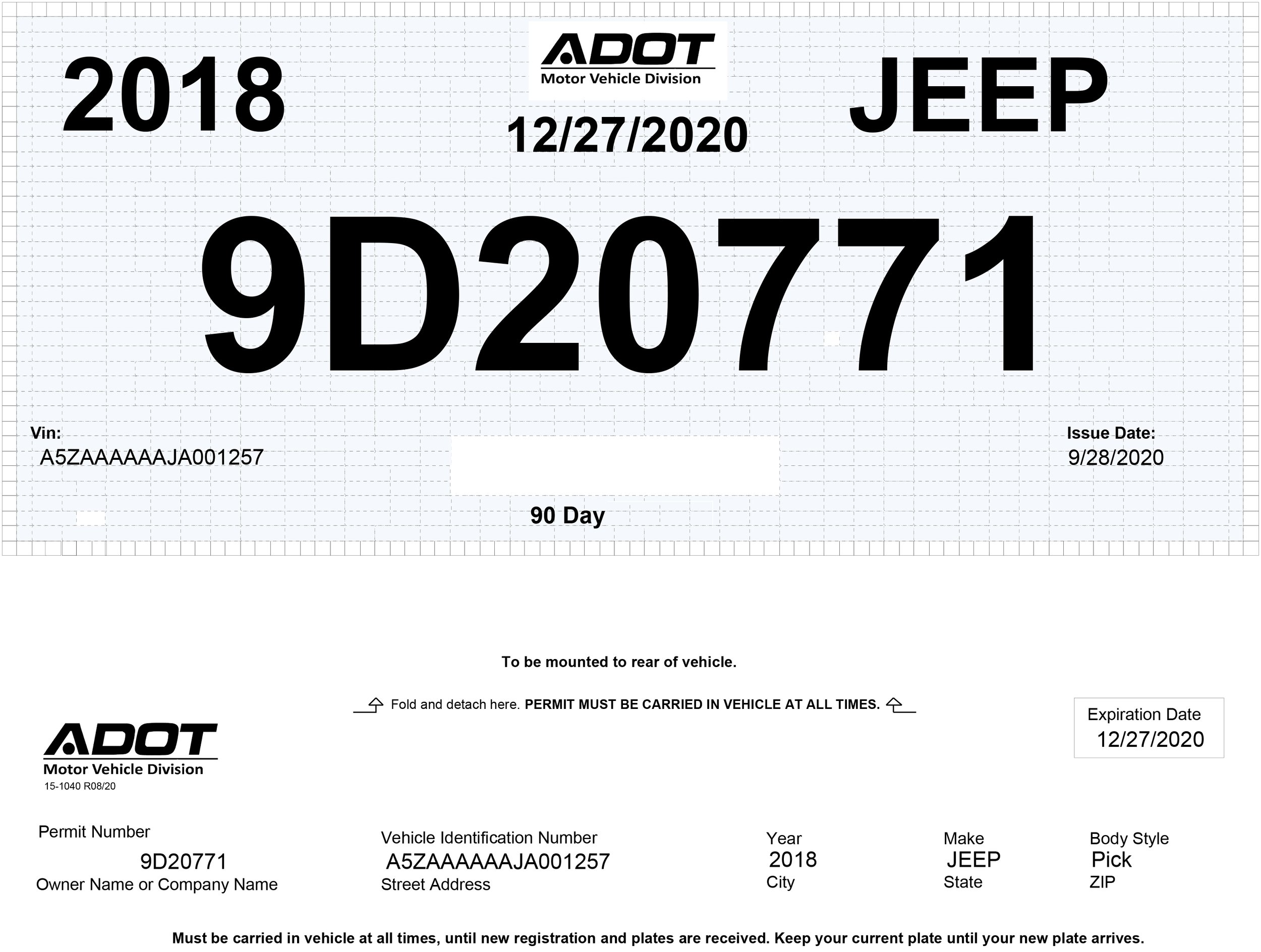 Arizona Temporary License Plate and Registration (90 Day) — Dirt Legal